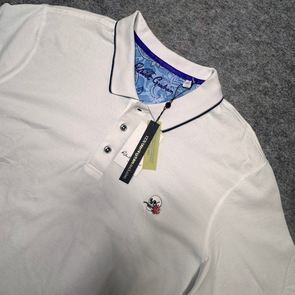 Robert Graham Rossi Polo Shirt Mens XL White Skull Rose  RS227800BLCF